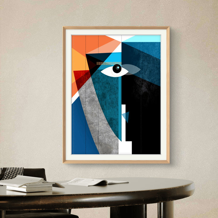 Colorful print of "The Kiss" by SoulCurryArt, showcasing vibrant brushstrokes and romantic imagery in a framed art piece.
