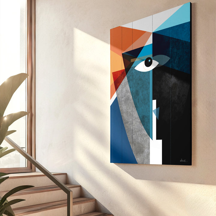 Close-up of "The Kiss" print by SoulCurryArt, showcasing vibrant colors and detailed brushwork on the canvas artwork.