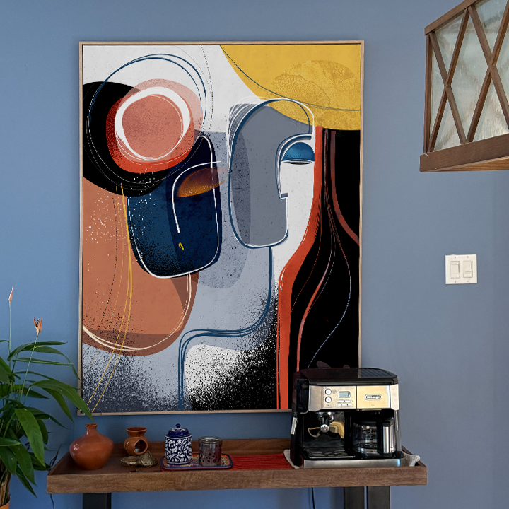 Colorful print of "Tryst By The River" artwork by SoulCurryArt, featuring a romantic scene by the river in vibrant hues.