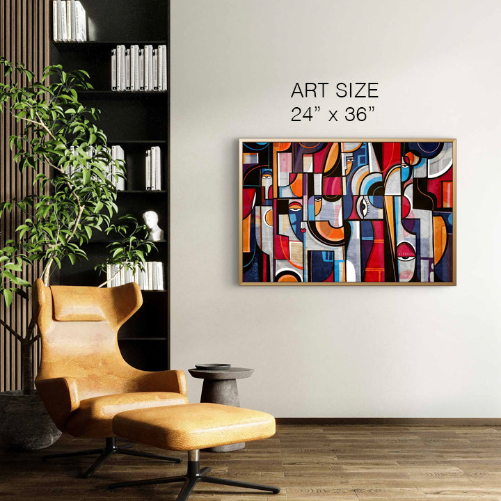 SoulCurryArt print titled "Voices" featuring vibrant abstract artwork on 16x20 paper, showcasing bold colors and dynamic patterns.