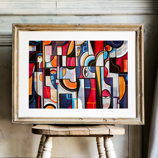SoulCurryArt print titled "Voices" featuring abstract artwork on 16x20-inch paper, showcasing vibrant colors and expressive design.