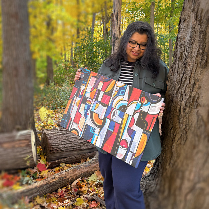 SoulCurryArt print titled "Voices" featuring a 16x20 paper art piece with vibrant colors and intricate designs.