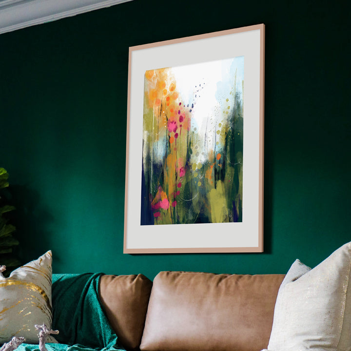 Bestseller Wildwood print by SoulCurryArt featuring vibrant, nature-inspired artwork with lush trees and a colorful forest scene.