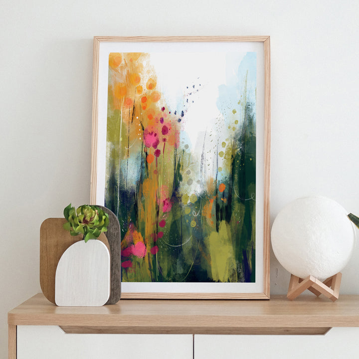 Wildwood print by SoulCurryArt featuring vibrant, nature-inspired artwork with lush trees and colorful foliage.