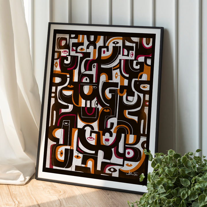 SoulCurryArt Rise and Fall print featuring abstract artwork with vibrant colors and dynamic shapes on high-quality paper.