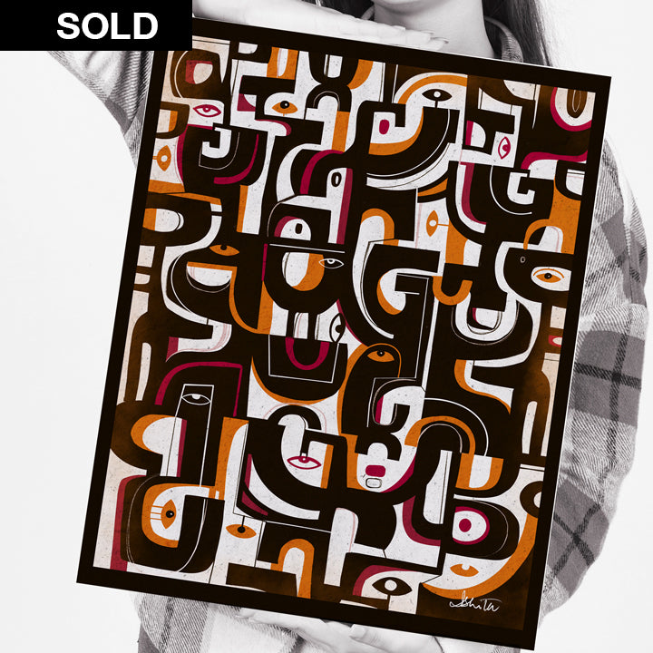 Abstract art print titled "Rise and Fall" by SoulCurryArt, featuring dynamic shapes and vibrant colors on high-quality paper.
