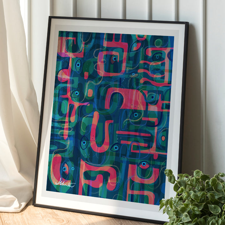 Serpentine print by SoulCurryArt featuring intricate serpent design on textured paper with vibrant colors.