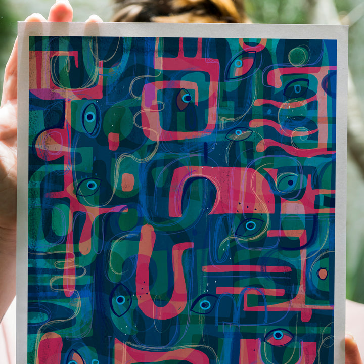Colorful Serpentine print by SoulCurryArt featuring abstract swirling shapes and vibrant hues on high-quality paper.