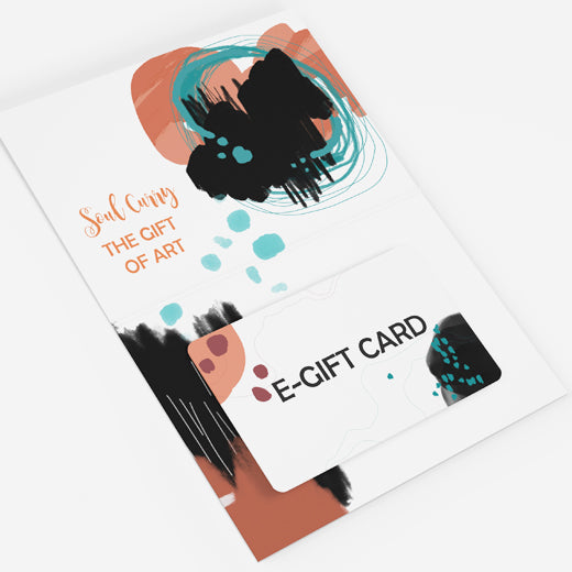 Digital gift card from SoulCurryArt, featuring artistic designs, available in $50 value, ideal for gifting art and creativity.