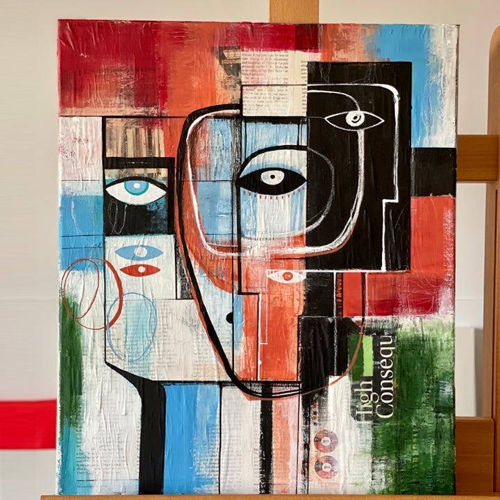Original art titled "Rebuild" by SoulCurryArt showing a vibrant abstract painting with bold colors and dynamic brushstrokes.