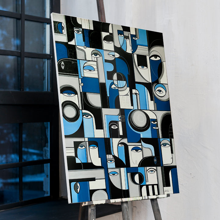 Framed Ultramarine original art by soulcurryart, 24x36 inches, vibrant blue abstract painting on canvas.
