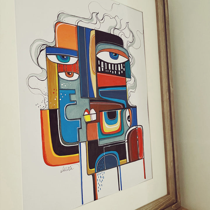 Framed original art "Tete d'homme" by SoulCurryArt, featuring a detailed portrait of a man's head in a 16x20 inch display.
