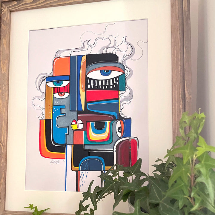 Framed original art titled "Tete d'homme" by SoulCurryArt, depicting a detailed portrait of a man's head and shoulders.