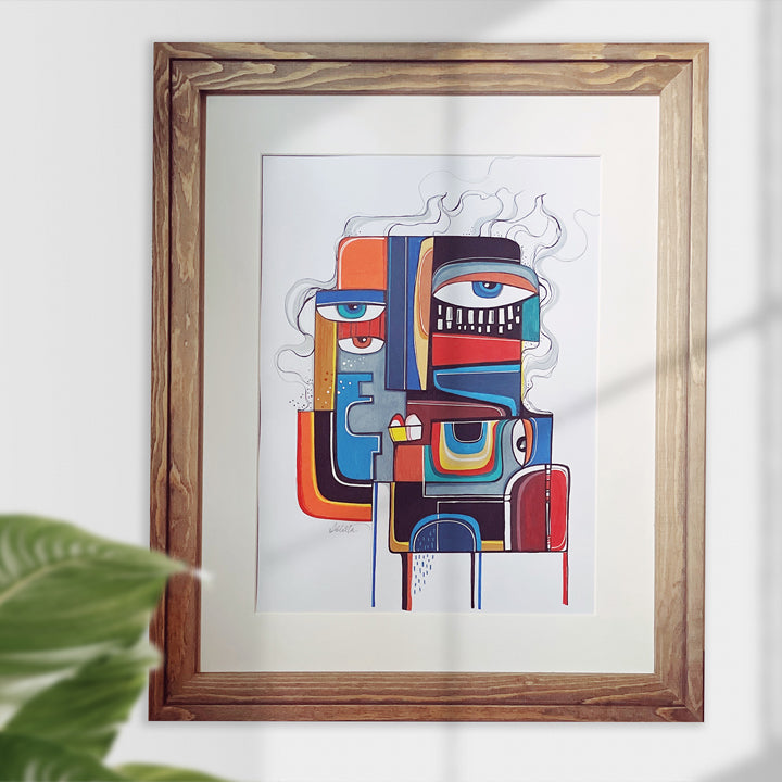 Framed original art titled "Tete d'homme" by SoulCurryArt, featuring a detailed portrait of a man's head on a 16x20 inch canvas.