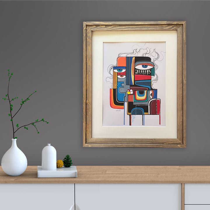 Framed original art print titled "Tete d'homme" by SoulCurryArt, featuring a detailed portrait of a man's head in a 16x20 inch frame.