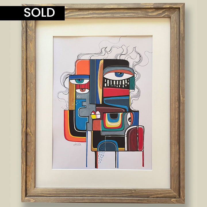 Framed original art of a man's head by SoulCurryArt, 16x20 inches, featuring expressive brushstrokes and detailed facial features.