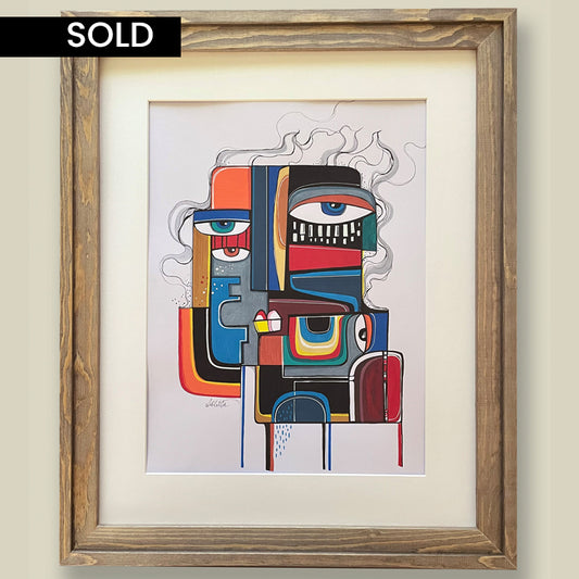 Framed original art of a man's head by SoulCurryArt, 16x20 inches, featuring expressive brushstrokes and detailed facial features.