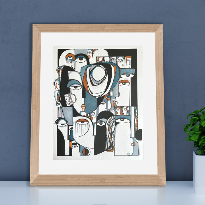 Framed original art piece titled "Collective" by SoulCurryArt, featuring vibrant abstract designs in a sleek frame.