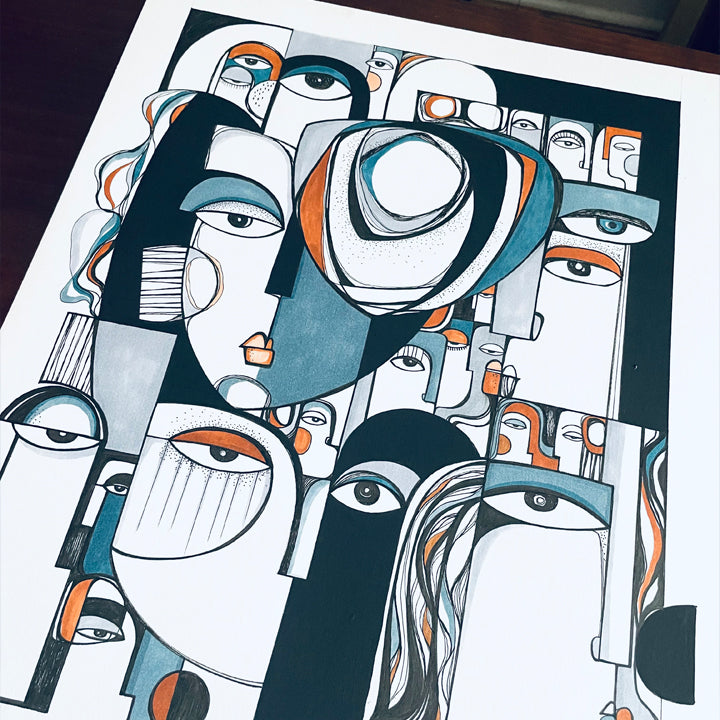 Framed original art piece titled "Collective" by SoulCurryArt, featuring vibrant abstract design in a sleek frame.