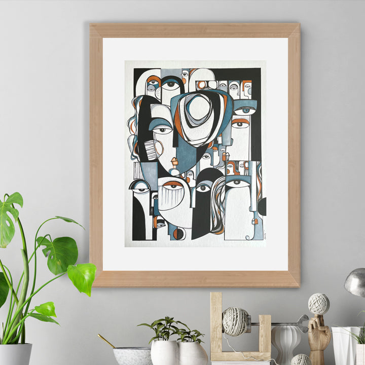 Framed original art piece titled "Collective" by SoulCurryArt, featuring vibrant abstract design in a sleek frame.