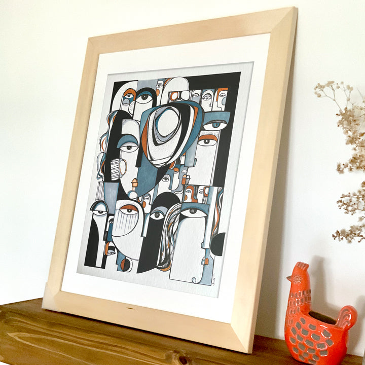 Framed original art piece titled "Collective" by SoulCurryArt, featuring vibrant abstract design in a sleek frame.