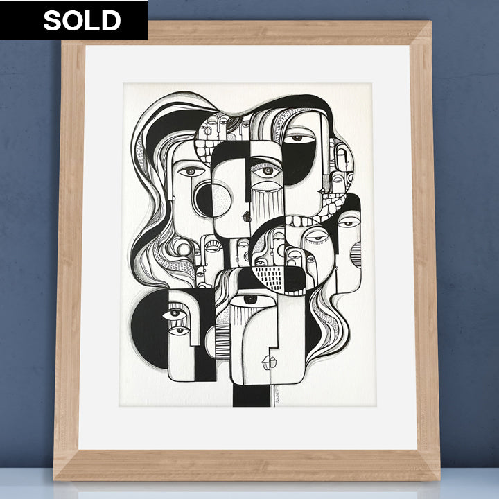 Original framed art titled "In Togetherness" by SoulCurryArt, featuring vibrant colors and abstract design in a stylish frame.
