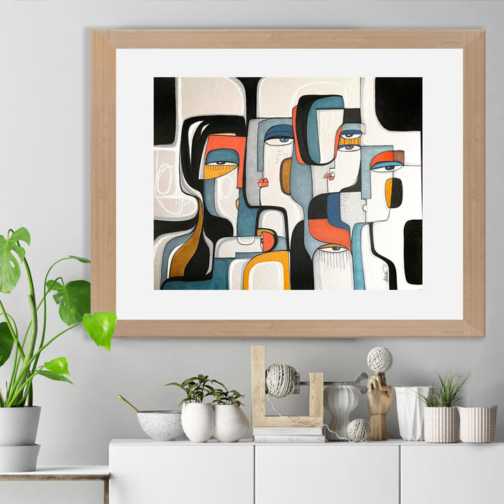 Framed original art titled "Inwards Outwards" by SoulCurryArt, 24x28 inches, featuring abstract, vibrant brushstrokes on canvas.
