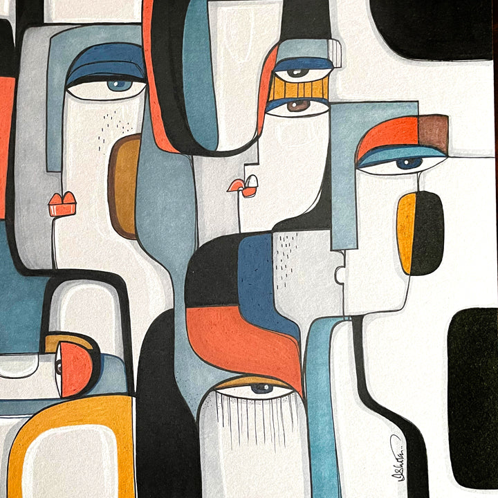 Framed original art titled "Inwards Outwards" by SoulCurryArt, featuring abstract design on a 24x28 inch canvas.