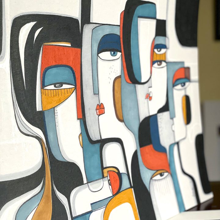 Framed original art titled Inwards Outwards by SoulCurryArt, 24x28 inches with vibrant abstract design displayed in a sturdy frame.