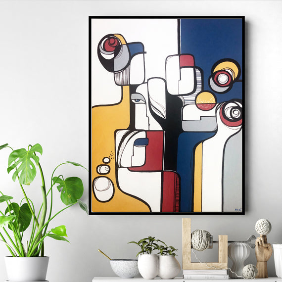 Original art piece titled "Complicity" by SoulCurryArt, featuring abstract shapes and vibrant colors displayed in the image.