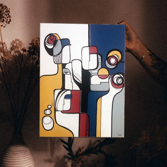 Original art piece titled "Complicity" by SoulCurryArt showing a vibrant abstract painting with bold colors and dynamic brushstrokes.