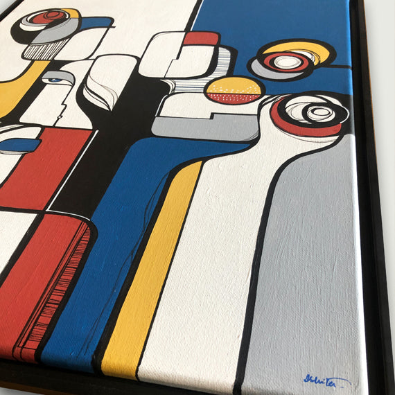 Original art piece titled "Complicity" by SoulCurryArt, featuring abstract shapes and vibrant colors in a mixed media style.