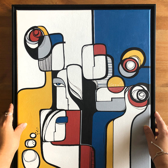 Original art piece titled "Complicity" by SoulCurryArt, featuring abstract colors and textures in a vibrant, expressive composition.