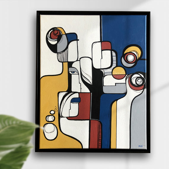 Original art titled "Complicity" by SoulCurryArt featuring abstract, colorful brushstrokes on a canvas.