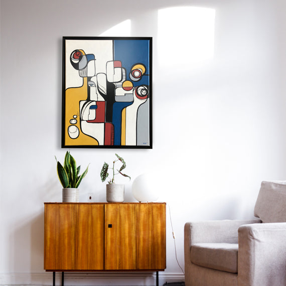 Original art titled "Complicity" by SoulCurryArt, featuring a vibrant abstract painting with bold colors and dynamic brushstrokes.