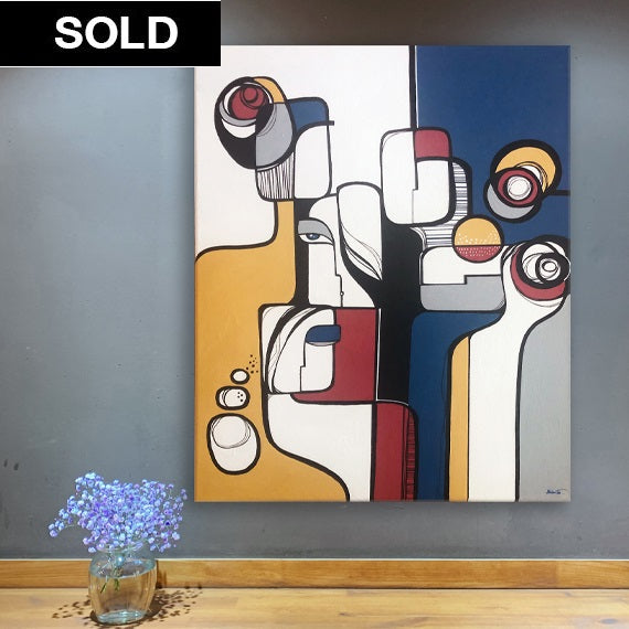 Original art piece titled "Complicity" by SoulCurryArt, featuring abstract and vibrant colors in a modern artistic style.