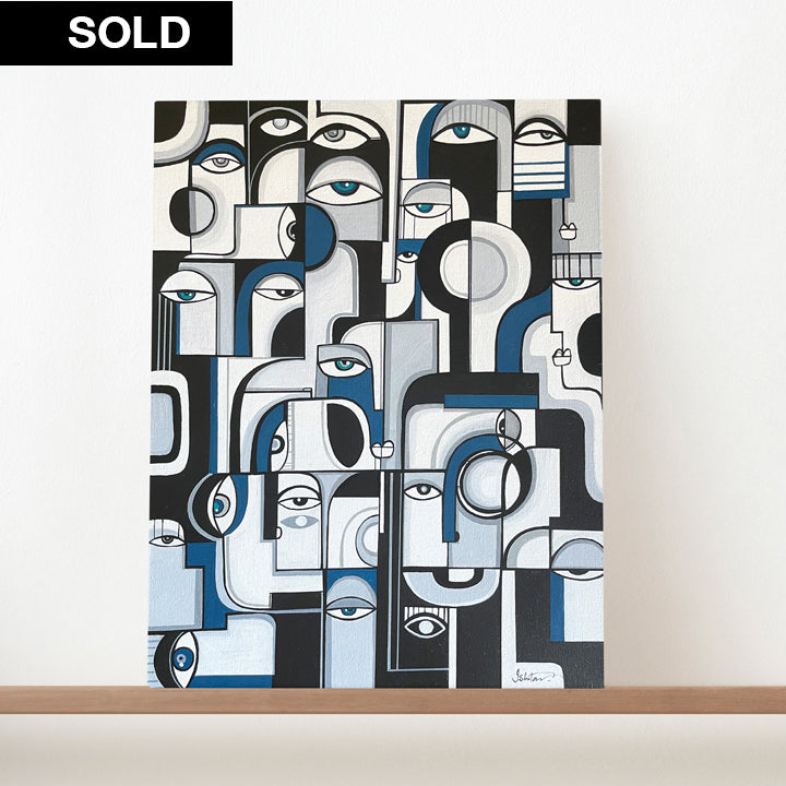Original art titled "Blues" by SoulCurryArt, featuring a vibrant blue abstract painting with textured brushstrokes.