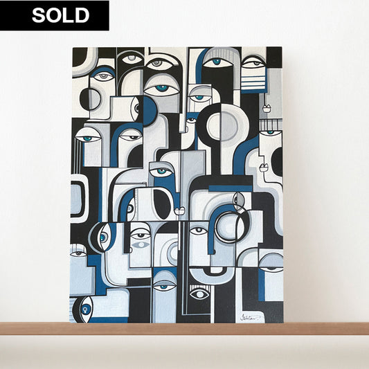 Original art titled "Blues" by SoulCurryArt, featuring a vibrant blue abstract painting with textured brushstrokes.