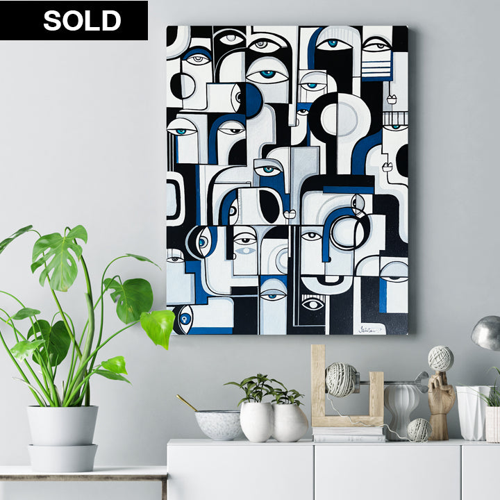 Original art titled "Blues" by SoulCurryArt featuring vibrant blue abstract brushstrokes on canvas.