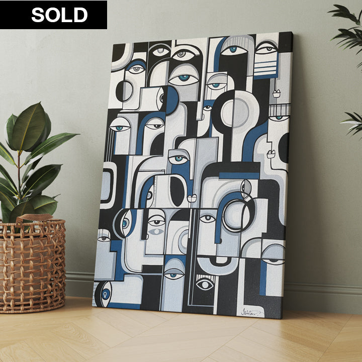 Original art titled "Blues" by SoulCurryArt featuring abstract blue tones and expressive brushstrokes on canvas.