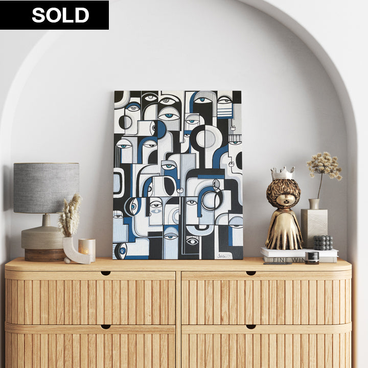 Original art titled "Blues" by SoulCurryArt, featuring vibrant blue abstract brushstrokes on canvas.