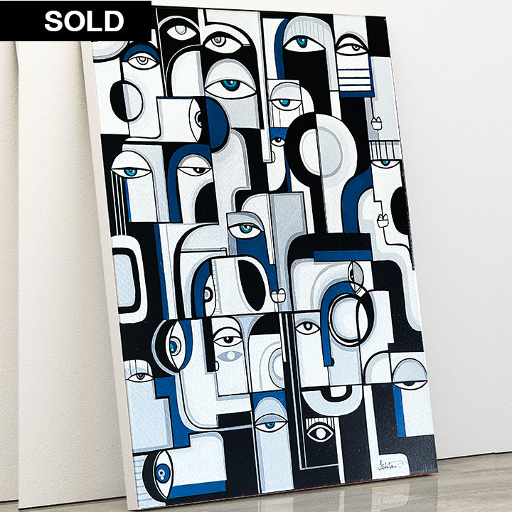 Original art titled Blues by SoulCurryArt featuring vibrant blue abstract brushstrokes on canvas.