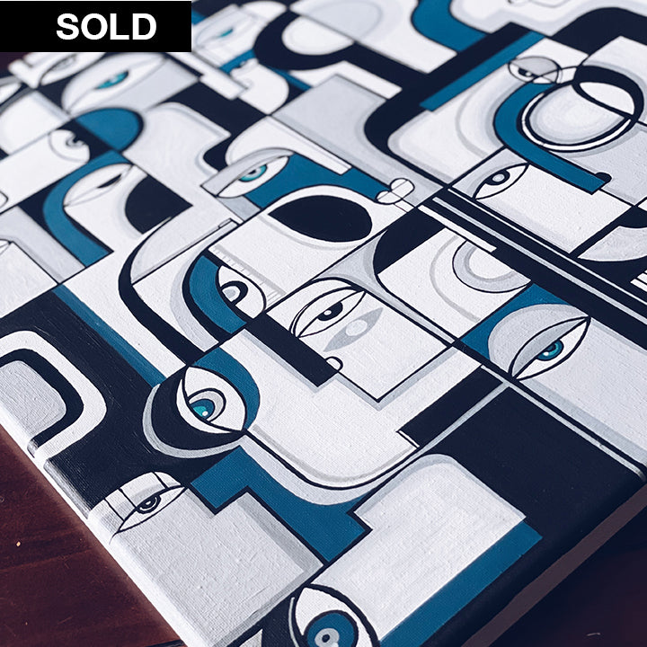 Original art titled "Blues" by SoulCurryArt featuring vibrant blue abstract brushstrokes on canvas.