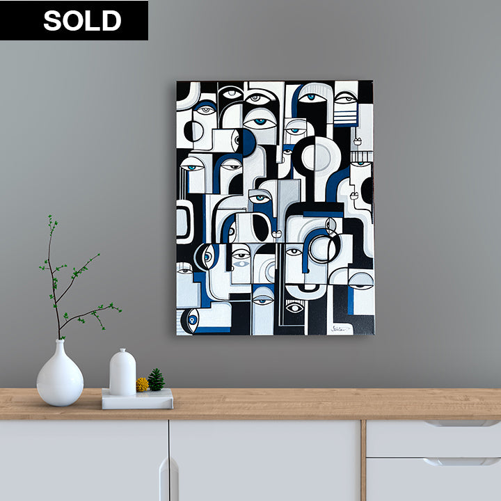 Original art print titled "Blues" by SoulCurryArt, featuring abstract blue strokes and textured brushwork.