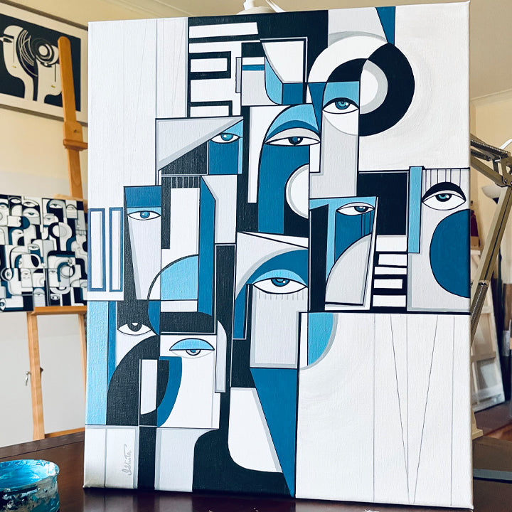 Original art titled "Structured" by soulcurryart, featuring abstract shapes and textured details in vibrant colors.