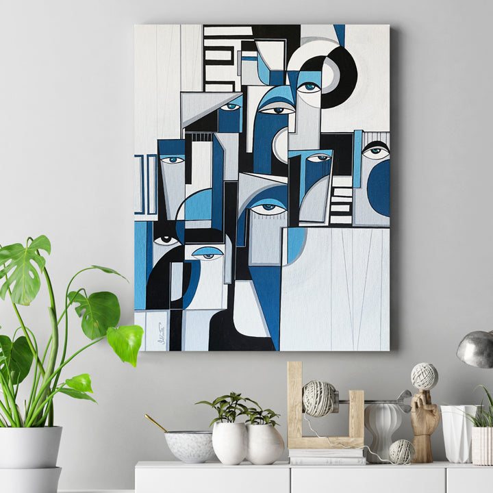 Original art titled "Structured" by soulcurryart, featuring abstract geometric shapes in vibrant colors on canvas.