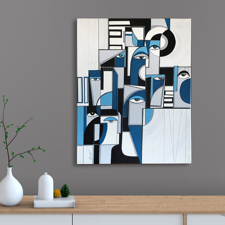 Original art piece titled "Structured" by soulcurryart, featuring abstract geometric shapes on a textured canvas.